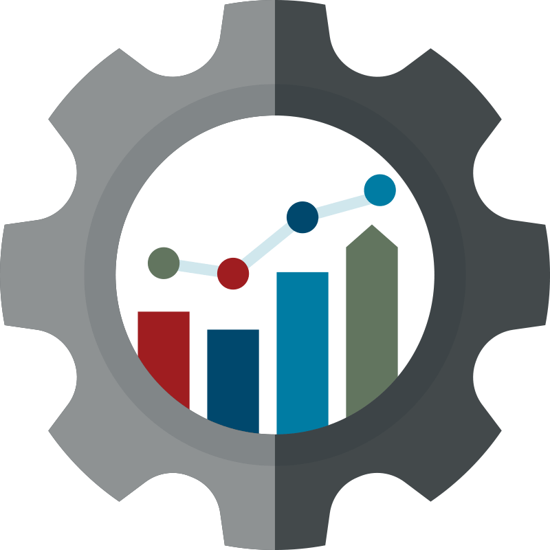 Illustration of Cog Wheels with a bar graph and line graph in the center