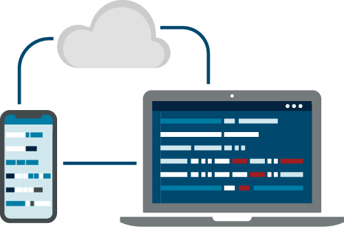 Illustration of a laptop and mobile phone with abstract code on the screen and a cloud above them with lines connecting